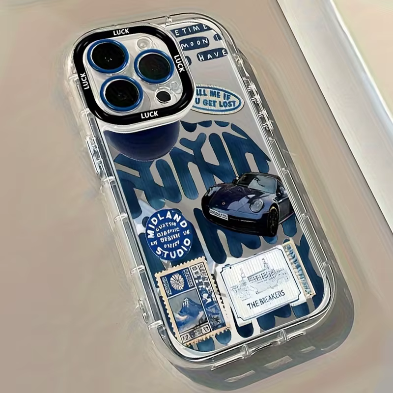 غطاء هاتف أنيق بتصميم سيارة رياضية زرقاء لآيفون 11 12 13 14 15 16 17 برو ماكس 7 8 بلس XR XS X 16E 17 إير، تصميم مرآة جديد